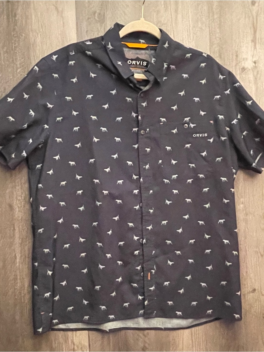 Orvis Navy Short-Sleeve Button-Up Shirt with Dog Print